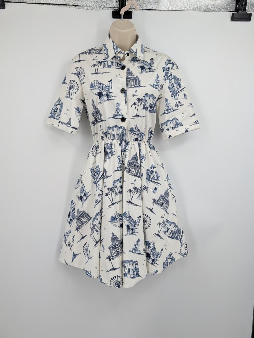 Maje Rapomi Paris Print Shirt Dress Size 1 (US S) Pockets Resort Cruise Coastal